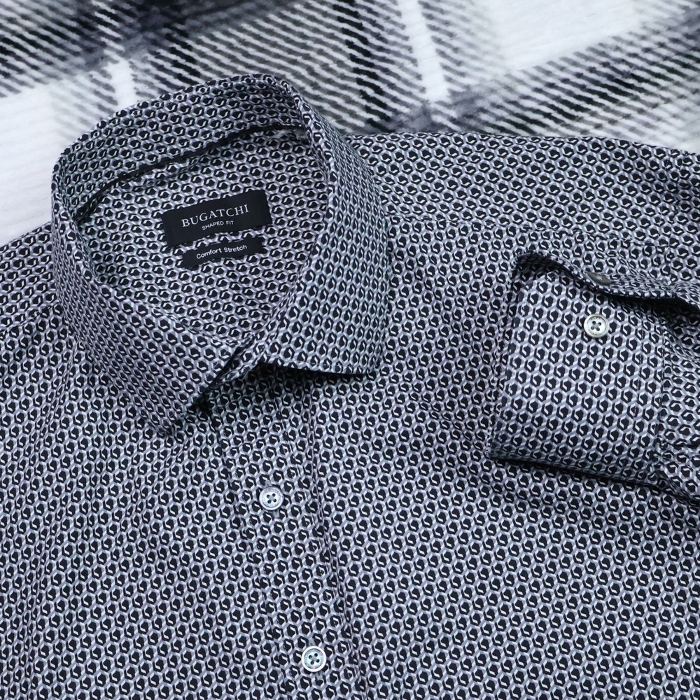 Bugatchi Shaped Fit Geometric Print Shirt Navy Blue White Comfort Stretch XL